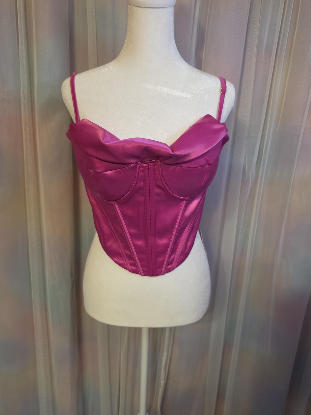 Marthae Hot Pink Cropped Satin Bustier Underwire Sweetheart Neckline Size Large
